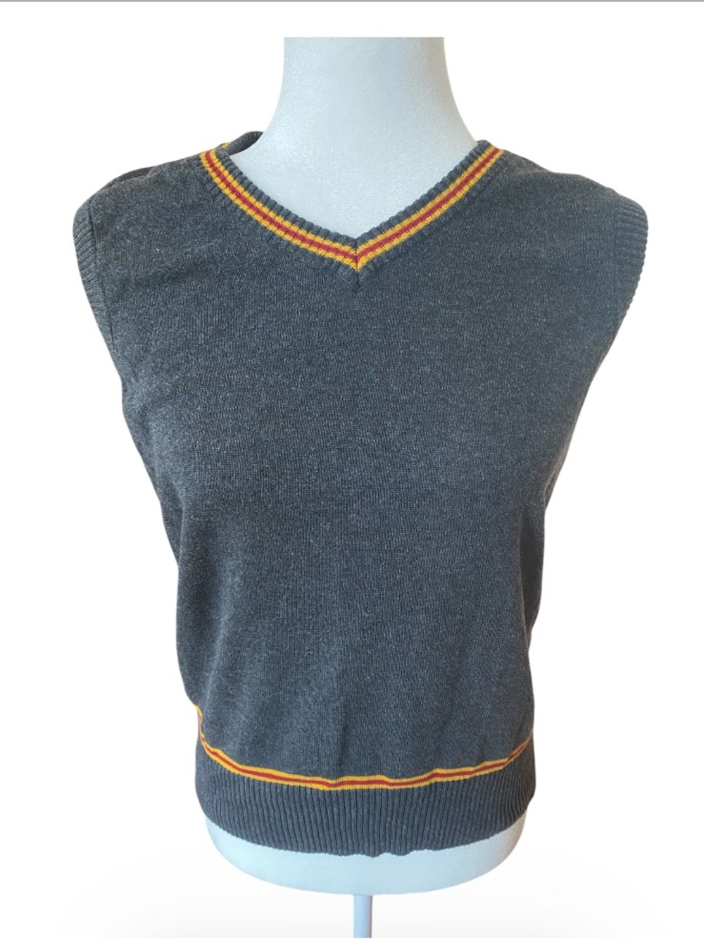 Vacigoden Gray Cotton Sweater Vest Red Gold Stripe Dark Academia S